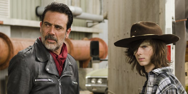 Jeffrey Dean Morgan as Negan and Chandler Riggs as Carl Grimes in The Walking Dead